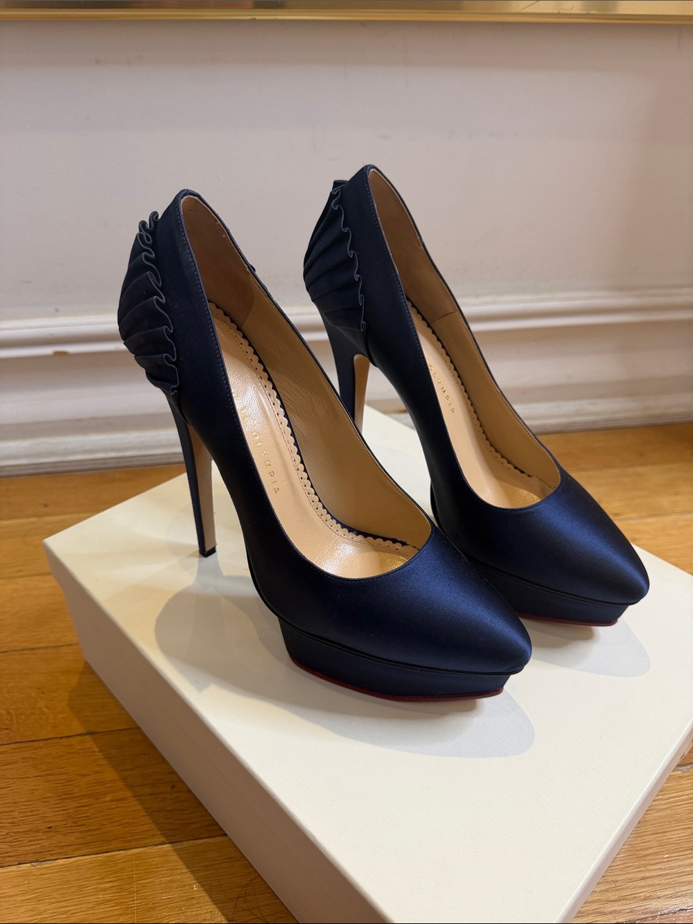 Charlotte Olympia Navy Satin Platform Pumps with Ruffle Back